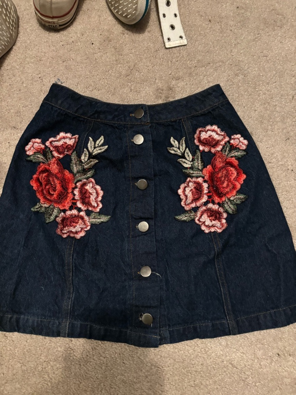 Dark Denim Mini Skirt with Red Rose Embroidery
